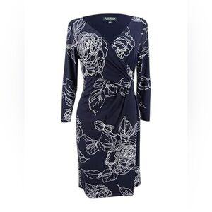 Lauren by Ralph Lauren Women's Navy White Floral-Print Ruched Dress Size 0